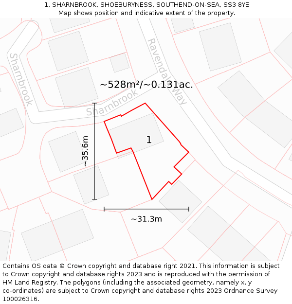 1, SHARNBROOK, SHOEBURYNESS, SOUTHEND-ON-SEA, SS3 8YE: Plot and title map