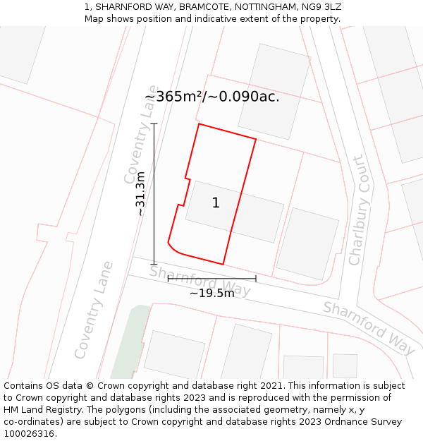 1, SHARNFORD WAY, BRAMCOTE, NOTTINGHAM, NG9 3LZ: Plot and title map