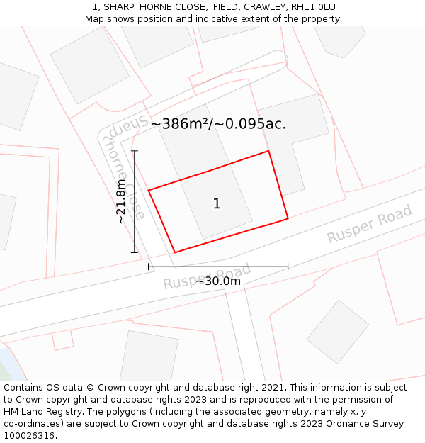 1, SHARPTHORNE CLOSE, IFIELD, CRAWLEY, RH11 0LU: Plot and title map