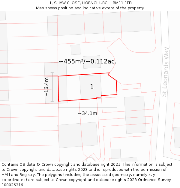 1, SHAW CLOSE, HORNCHURCH, RM11 1FB: Plot and title map