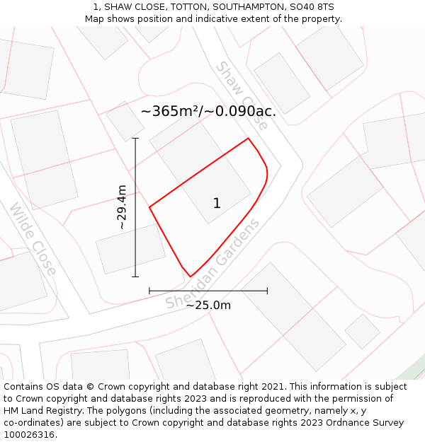 1, SHAW CLOSE, TOTTON, SOUTHAMPTON, SO40 8TS: Plot and title map