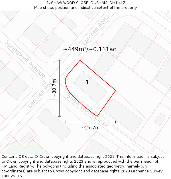 1, SHAW WOOD CLOSE, DURHAM, DH1 4LZ: Plot and title map