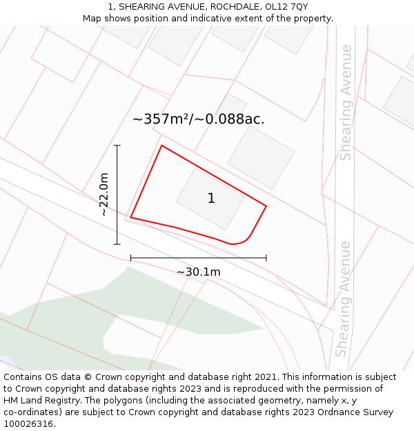 1, SHEARING AVENUE, ROCHDALE, OL12 7QY: Plot and title map