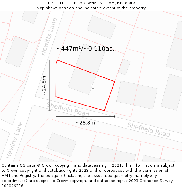 1, SHEFFIELD ROAD, WYMONDHAM, NR18 0LX: Plot and title map