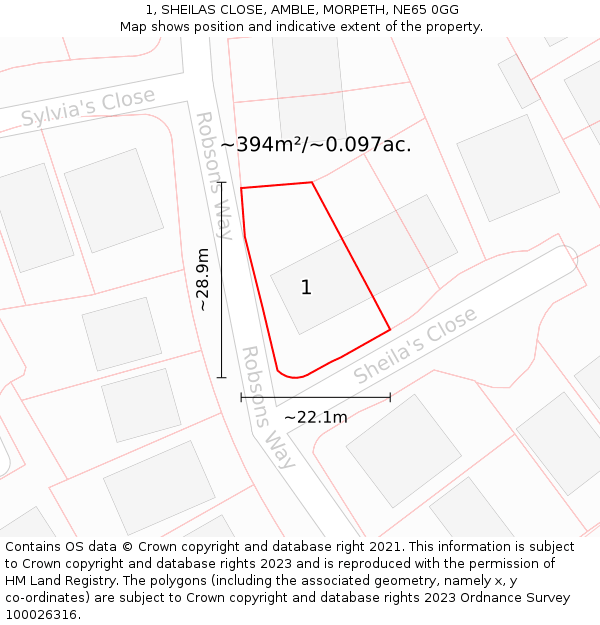 1, SHEILAS CLOSE, AMBLE, MORPETH, NE65 0GG: Plot and title map