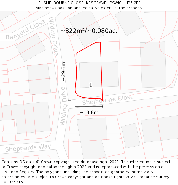 1, SHELBOURNE CLOSE, KESGRAVE, IPSWICH, IP5 2FP: Plot and title map