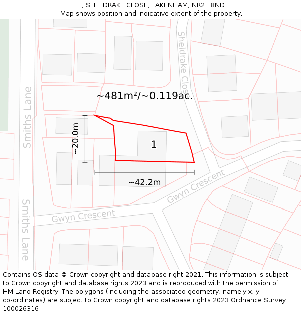 1, SHELDRAKE CLOSE, FAKENHAM, NR21 8ND: Plot and title map