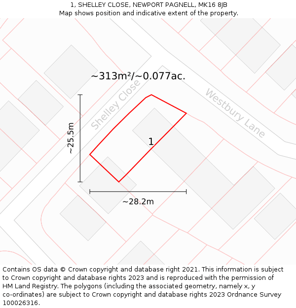 1, SHELLEY CLOSE, NEWPORT PAGNELL, MK16 8JB: Plot and title map