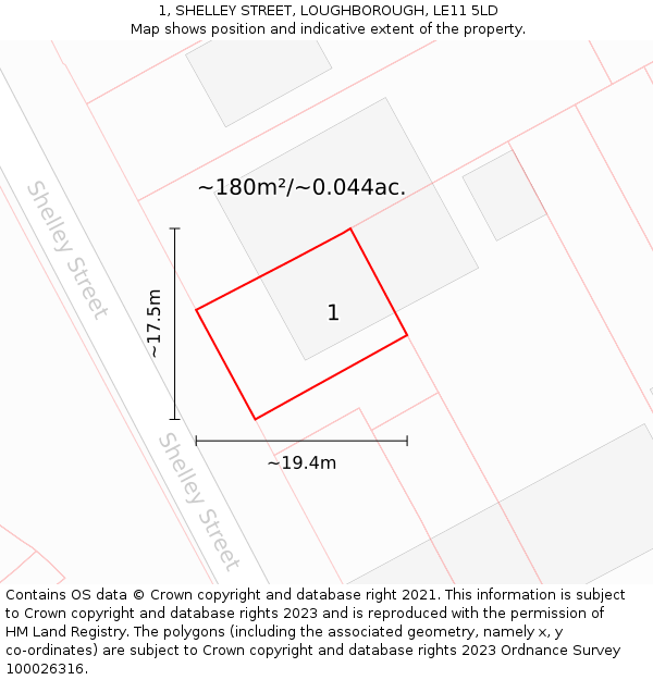 1, SHELLEY STREET, LOUGHBOROUGH, LE11 5LD: Plot and title map