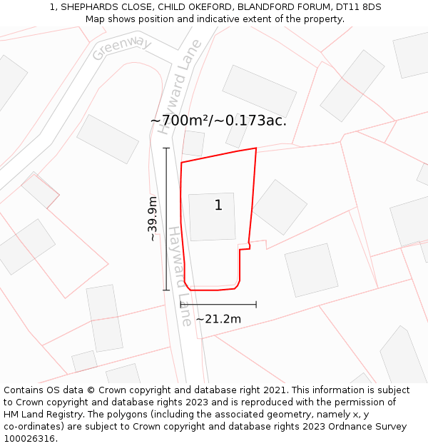 1, SHEPHARDS CLOSE, CHILD OKEFORD, BLANDFORD FORUM, DT11 8DS: Plot and title map