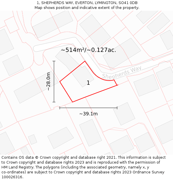 1, SHEPHERDS WAY, EVERTON, LYMINGTON, SO41 0DB: Plot and title map