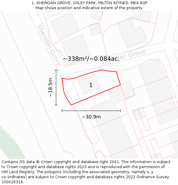 1, SHERIDAN GROVE, OXLEY PARK, MILTON KEYNES, MK4 4GP: Plot and title map