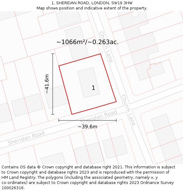 1, SHERIDAN ROAD, LONDON, SW19 3HW: Plot and title map