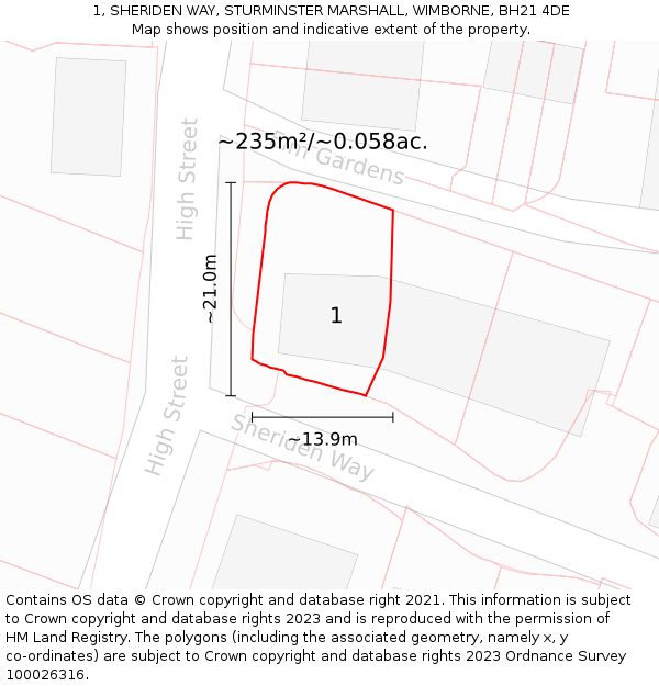 1, SHERIDEN WAY, STURMINSTER MARSHALL, WIMBORNE, BH21 4DE: Plot and title map