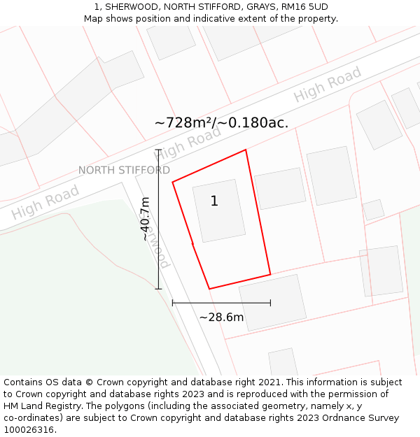 1, SHERWOOD, NORTH STIFFORD, GRAYS, RM16 5UD: Plot and title map