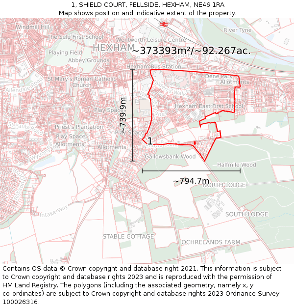 1, SHIELD COURT, FELLSIDE, HEXHAM, NE46 1RA: Plot and title map