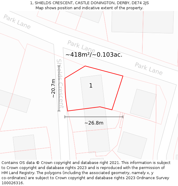 1, SHIELDS CRESCENT, CASTLE DONINGTON, DERBY, DE74 2JS: Plot and title map