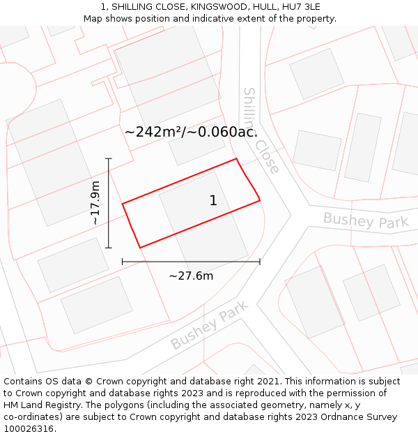 1, SHILLING CLOSE, KINGSWOOD, HULL, HU7 3LE: Plot and title map