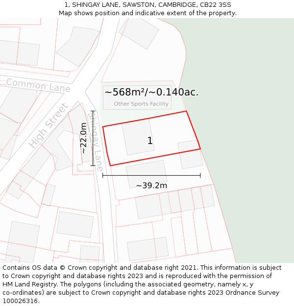 1, SHINGAY LANE, SAWSTON, CAMBRIDGE, CB22 3SS: Plot and title map