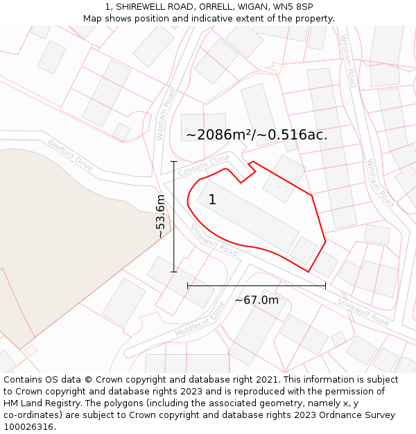 1, SHIREWELL ROAD, ORRELL, WIGAN, WN5 8SP: Plot and title map