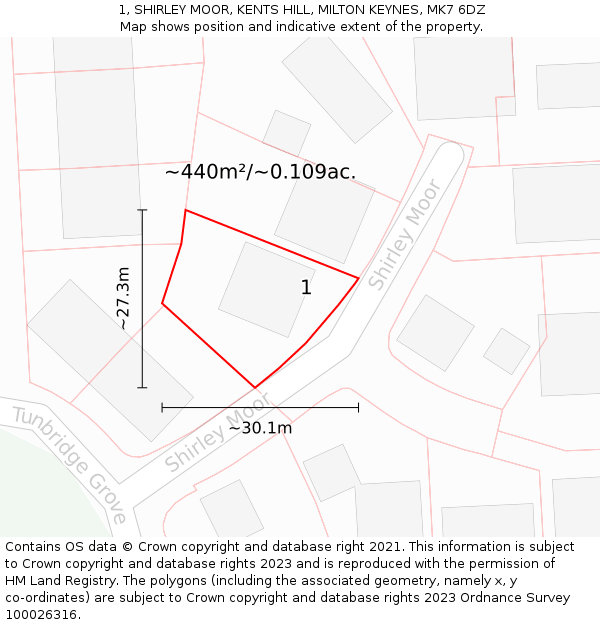 1, SHIRLEY MOOR, KENTS HILL, MILTON KEYNES, MK7 6DZ: Plot and title map