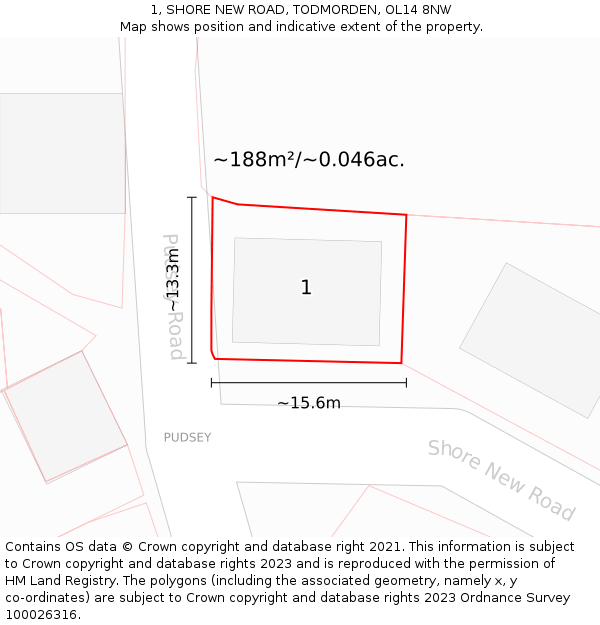1, SHORE NEW ROAD, TODMORDEN, OL14 8NW: Plot and title map