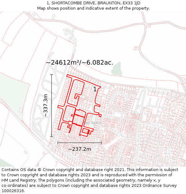1, SHORTACOMBE DRIVE, BRAUNTON, EX33 1JD: Plot and title map