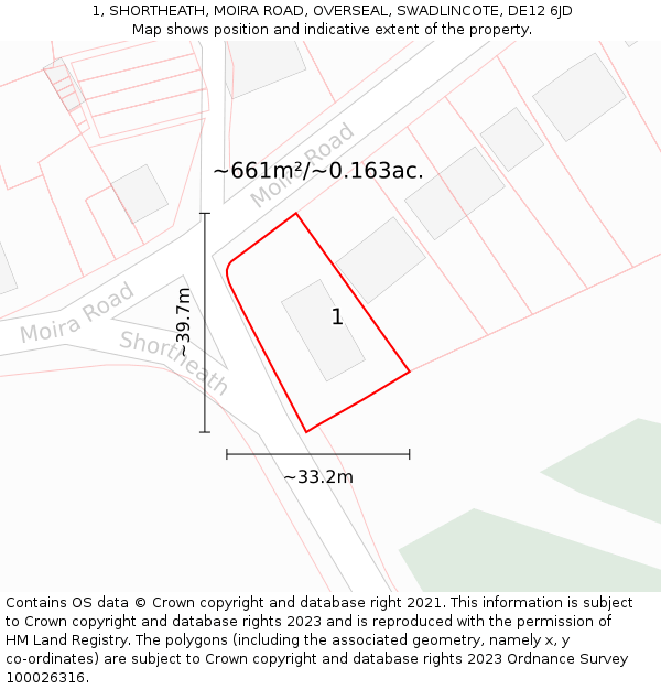 1, SHORTHEATH, MOIRA ROAD, OVERSEAL, SWADLINCOTE, DE12 6JD: Plot and title map