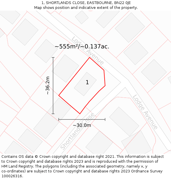 1, SHORTLANDS CLOSE, EASTBOURNE, BN22 0JE: Plot and title map
