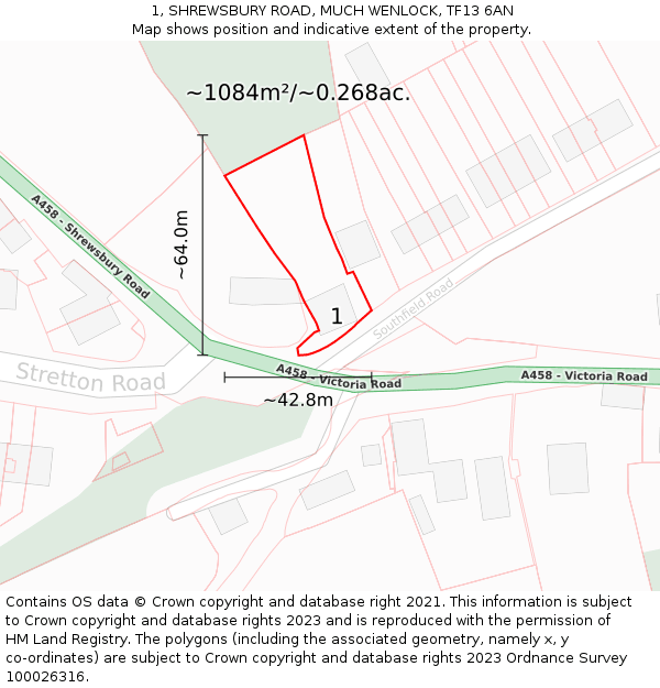 1, SHREWSBURY ROAD, MUCH WENLOCK, TF13 6AN: Plot and title map