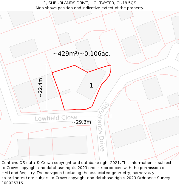 1, SHRUBLANDS DRIVE, LIGHTWATER, GU18 5QS: Plot and title map