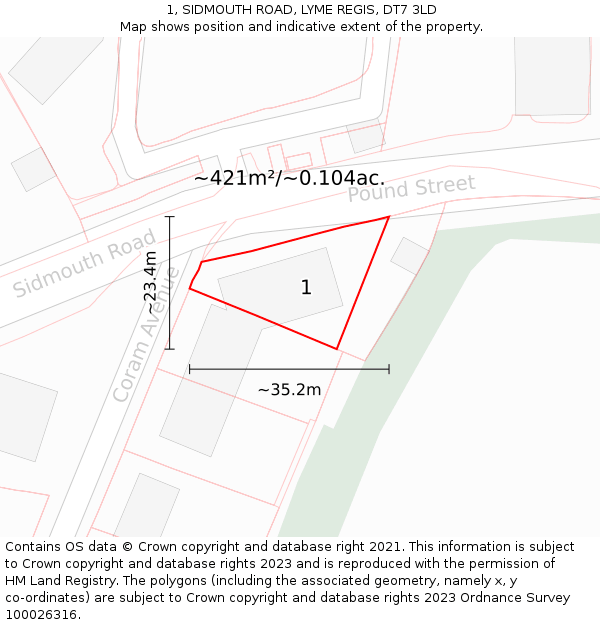 1, SIDMOUTH ROAD, LYME REGIS, DT7 3LD: Plot and title map