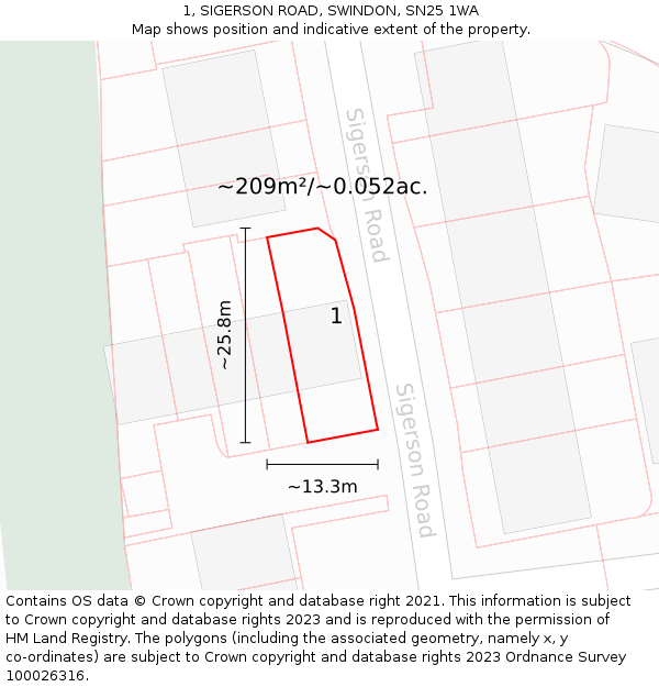 1, SIGERSON ROAD, SWINDON, SN25 1WA: Plot and title map