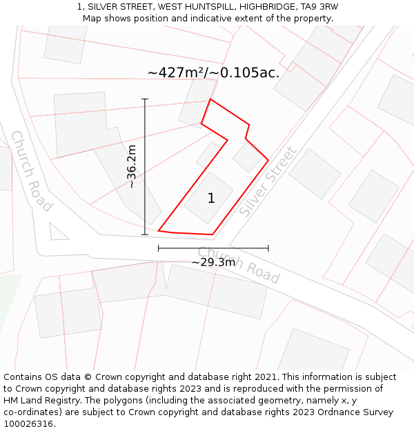 1, SILVER STREET, WEST HUNTSPILL, HIGHBRIDGE, TA9 3RW: Plot and title map