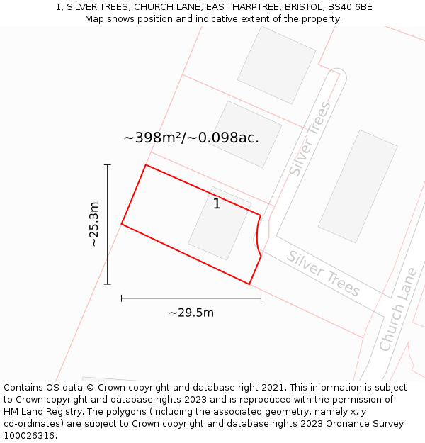 1, SILVER TREES, CHURCH LANE, EAST HARPTREE, BRISTOL, BS40 6BE: Plot and title map