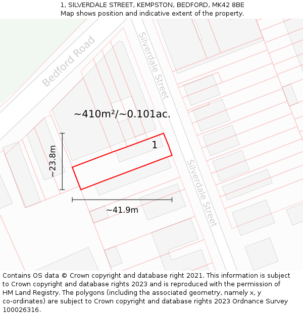 1, SILVERDALE STREET, KEMPSTON, BEDFORD, MK42 8BE: Plot and title map