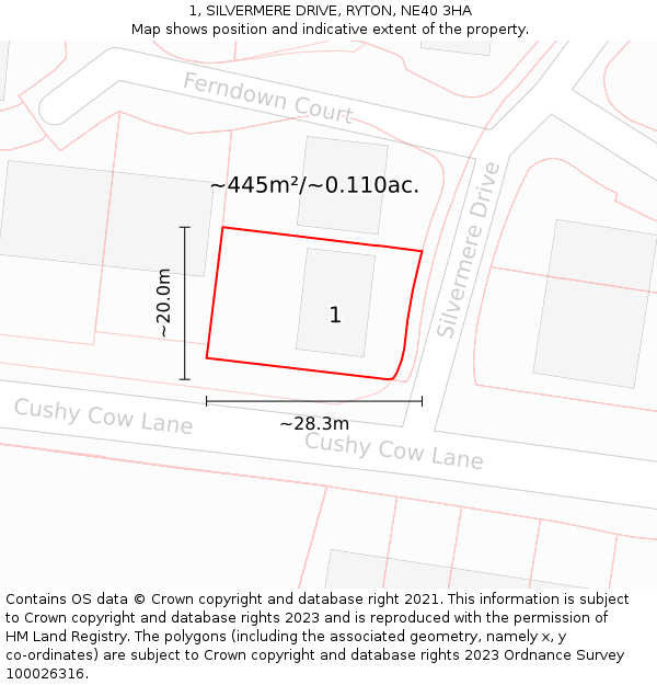 1, SILVERMERE DRIVE, RYTON, NE40 3HA: Plot and title map