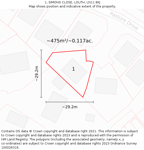 1, SIMONS CLOSE, LOUTH, LN11 8XJ: Plot and title map