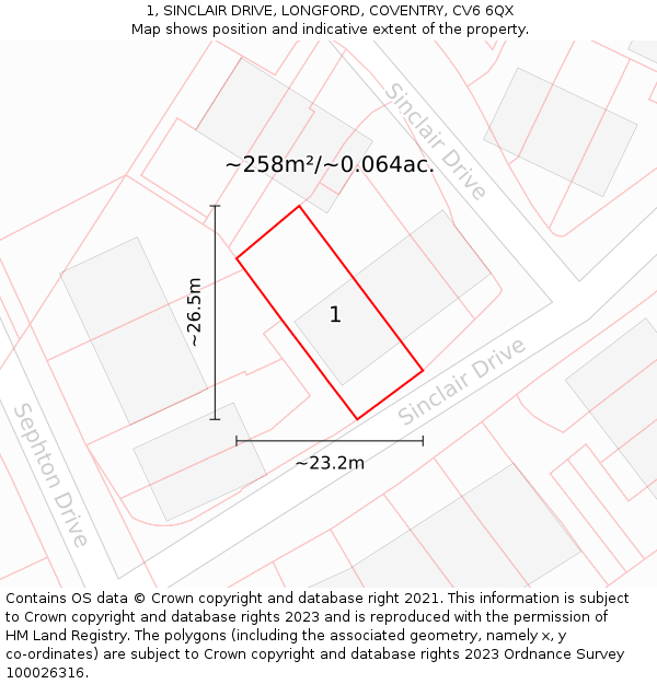 1, SINCLAIR DRIVE, LONGFORD, COVENTRY, CV6 6QX: Plot and title map