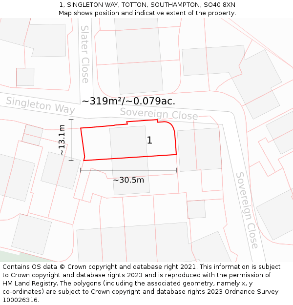 1, SINGLETON WAY, TOTTON, SOUTHAMPTON, SO40 8XN: Plot and title map