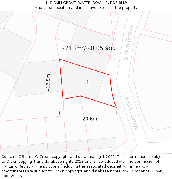1, SISKIN GROVE, WATERLOOVILLE, PO7 8HW: Plot and title map
