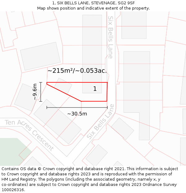 1, SIX BELLS LANE, STEVENAGE, SG2 9SF: Plot and title map