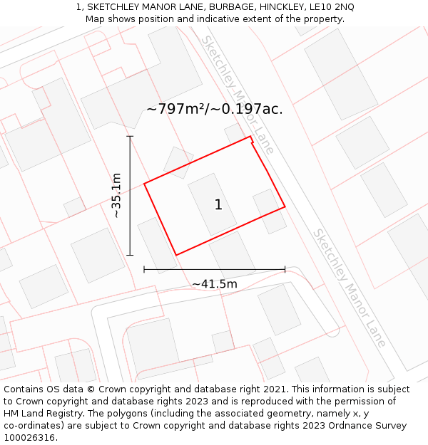 1, SKETCHLEY MANOR LANE, BURBAGE, HINCKLEY, LE10 2NQ: Plot and title map