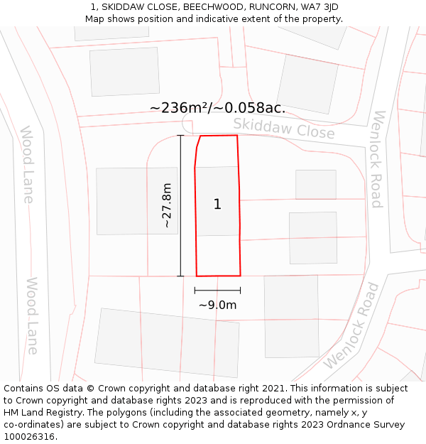 1, SKIDDAW CLOSE, BEECHWOOD, RUNCORN, WA7 3JD: Plot and title map