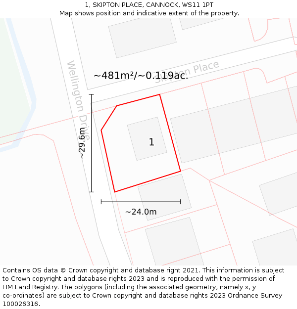 1, SKIPTON PLACE, CANNOCK, WS11 1PT: Plot and title map