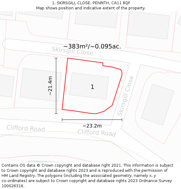 1, SKIRSGILL CLOSE, PENRITH, CA11 8QF: Plot and title map