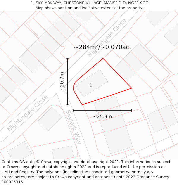 1, SKYLARK WAY, CLIPSTONE VILLAGE, MANSFIELD, NG21 9GG: Plot and title map