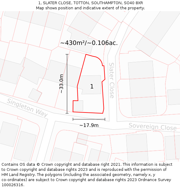 1, SLATER CLOSE, TOTTON, SOUTHAMPTON, SO40 8XR: Plot and title map