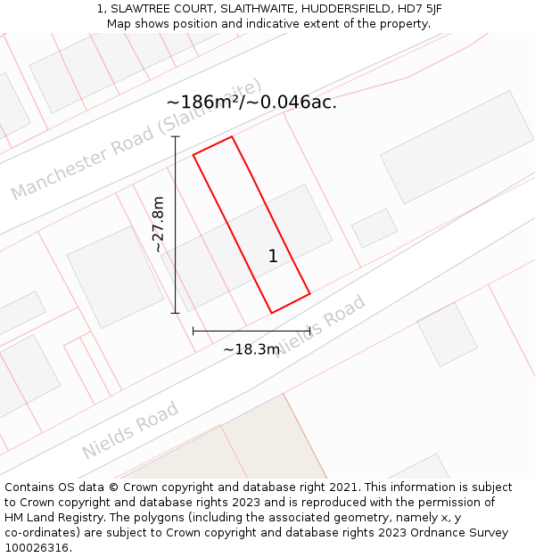 1, SLAWTREE COURT, SLAITHWAITE, HUDDERSFIELD, HD7 5JF: Plot and title map