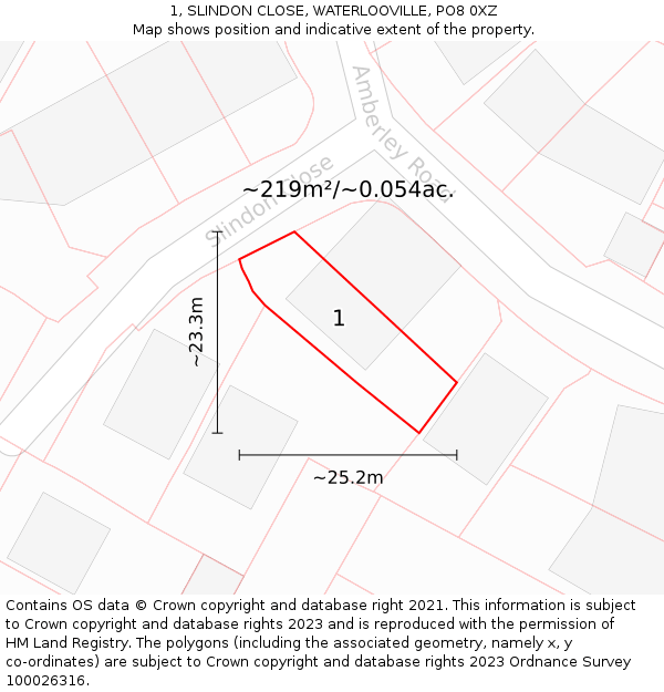 1, SLINDON CLOSE, WATERLOOVILLE, PO8 0XZ: Plot and title map